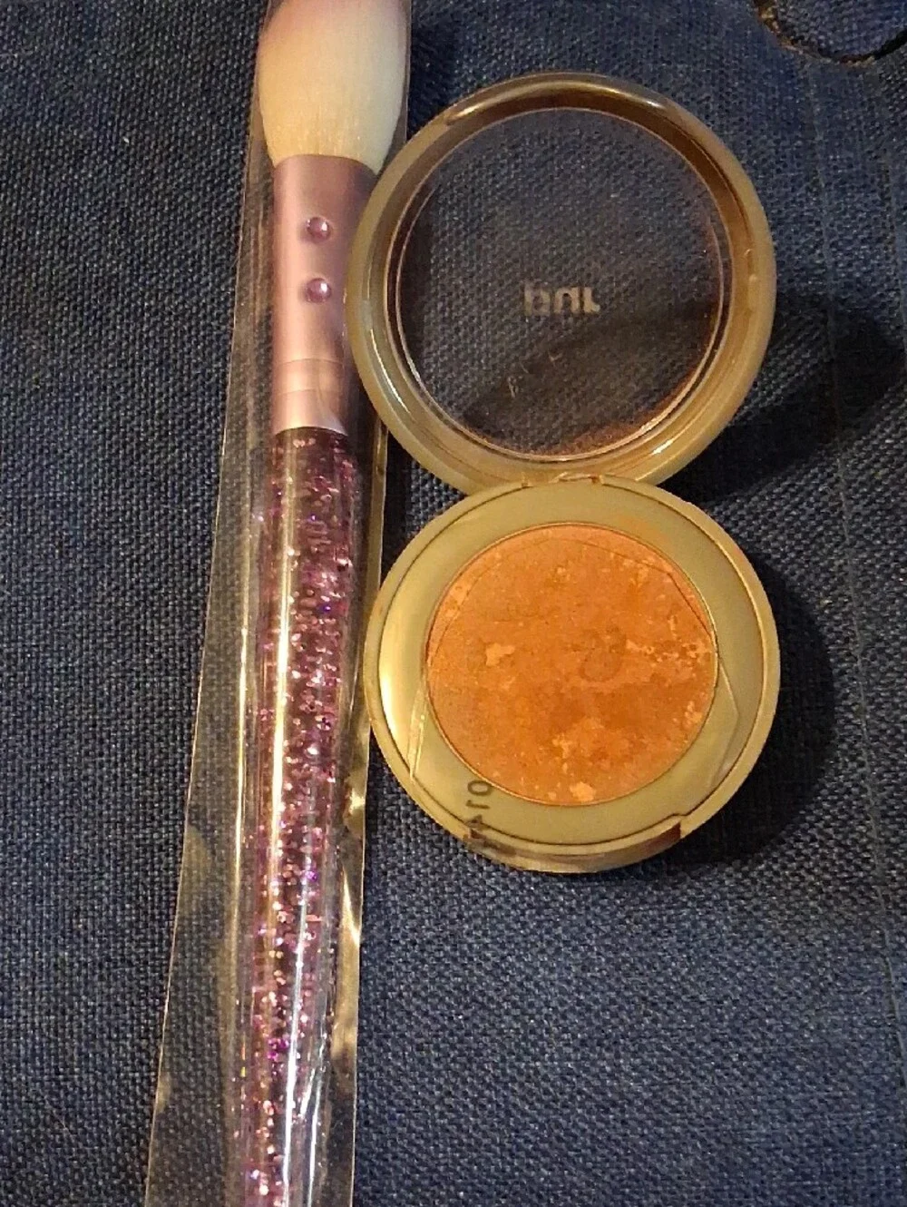 Pur Peach-Orange Pressed Blush with Pink Glitter Handle Brush